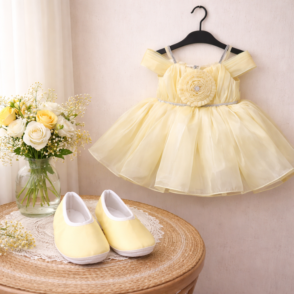 Beatiful Yellow Stain Frock with matching shoe Sleeves for Girls | Elegant Dress for Kids | Stylish Sleeveless frock